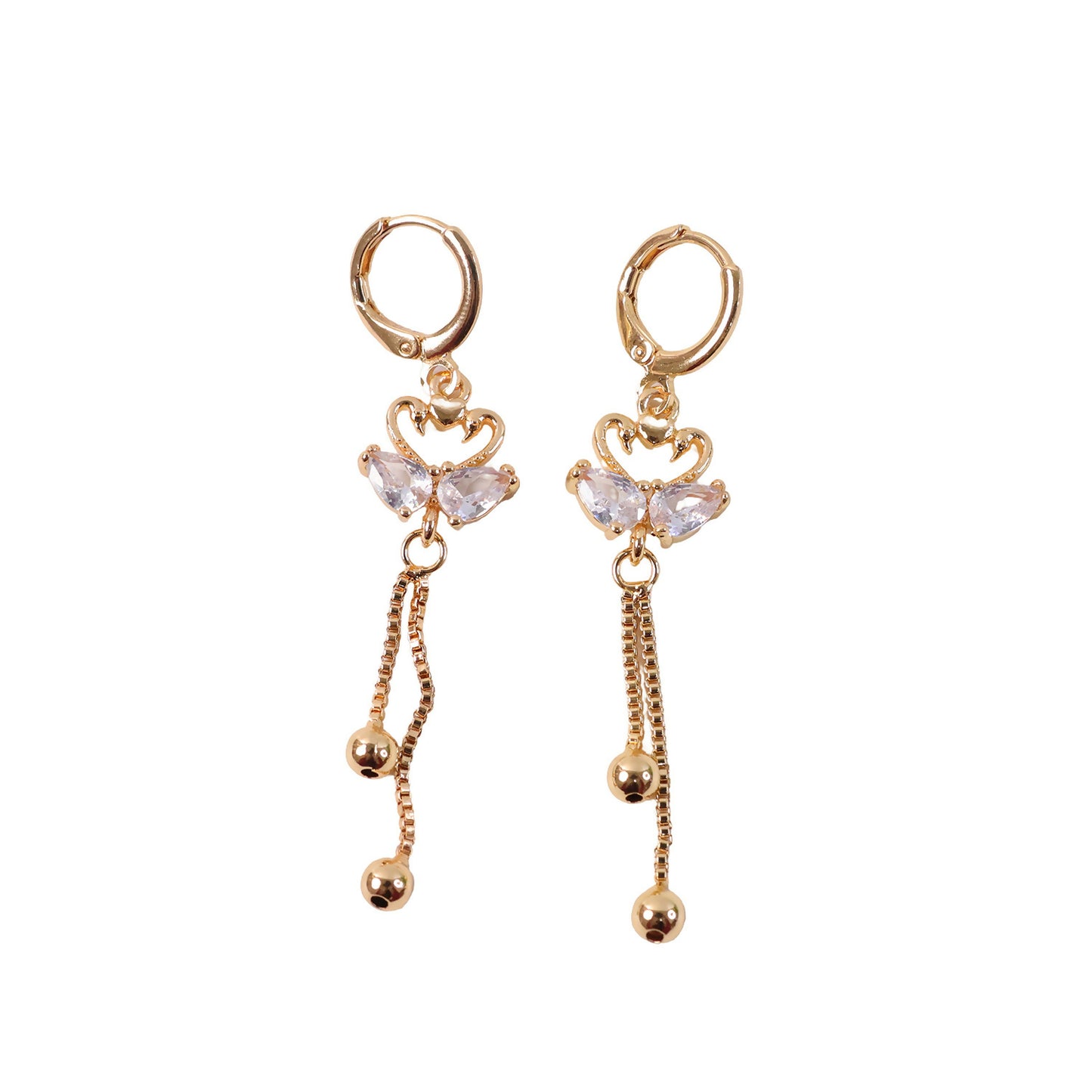 Stylish gold-tone swan dangle earrings with sparkling crystal wings and heart design