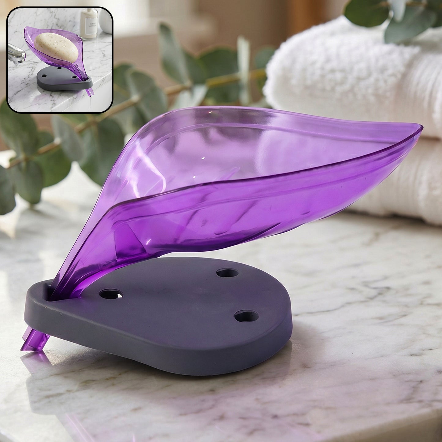 Leaf shape soap tray holder with drain on bathroom counter