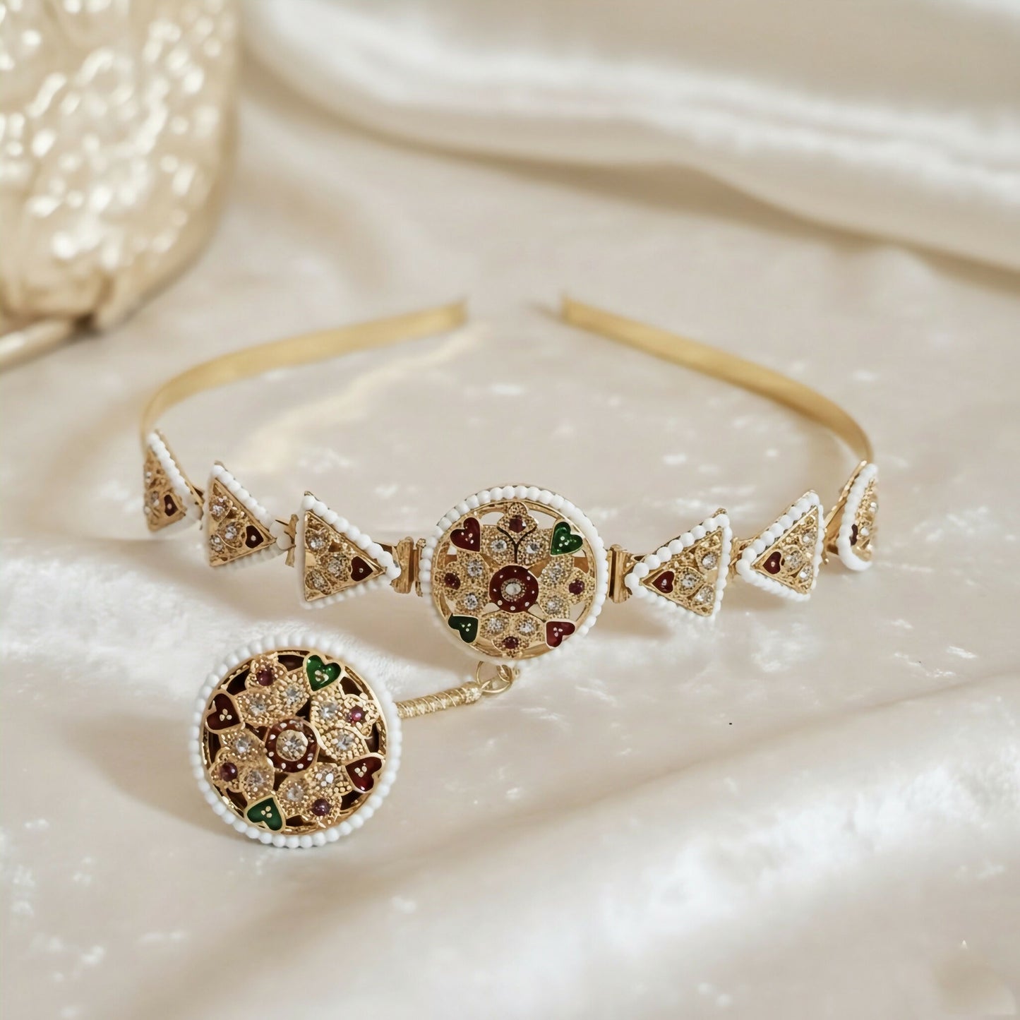 Gold-Plated Borla Sheeshphool with Matha Patti (hair band)