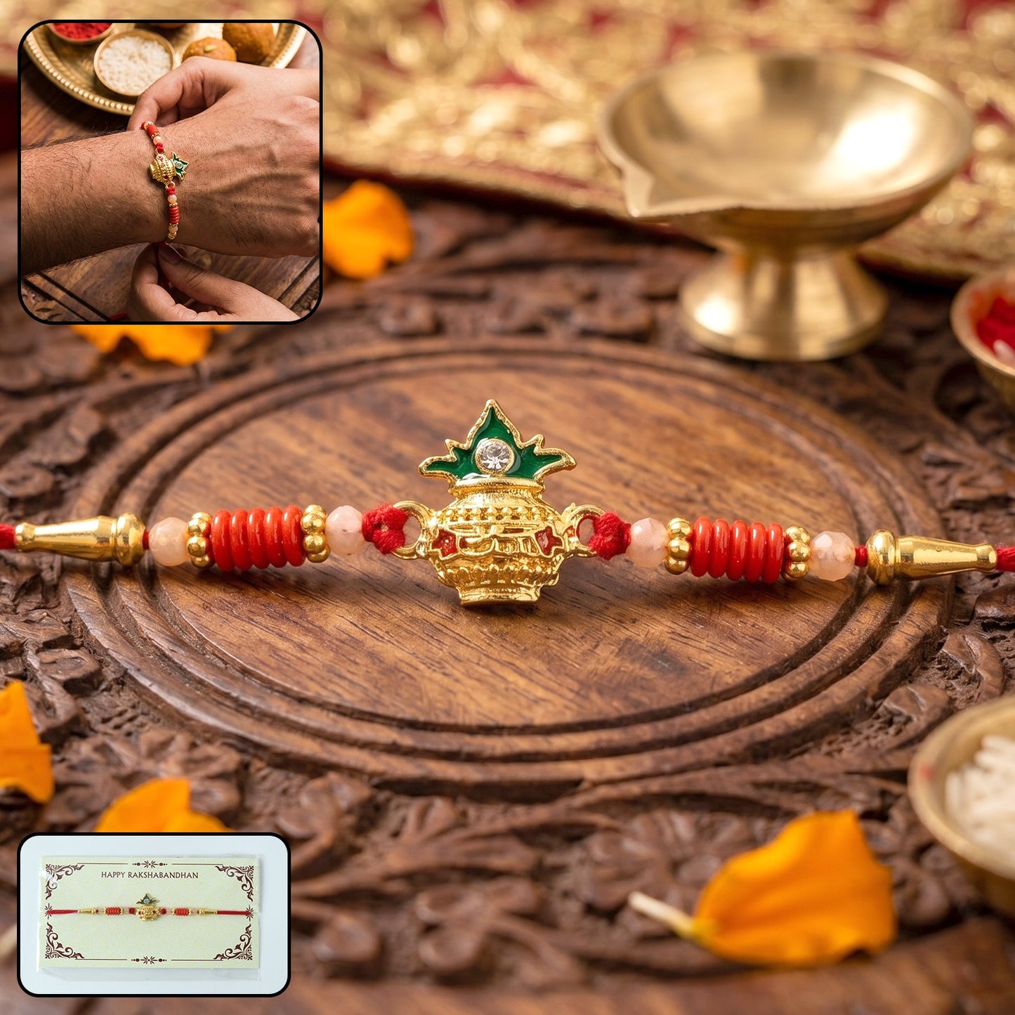 Sacred Kalash Designer Rakhi with decorative beads close-up