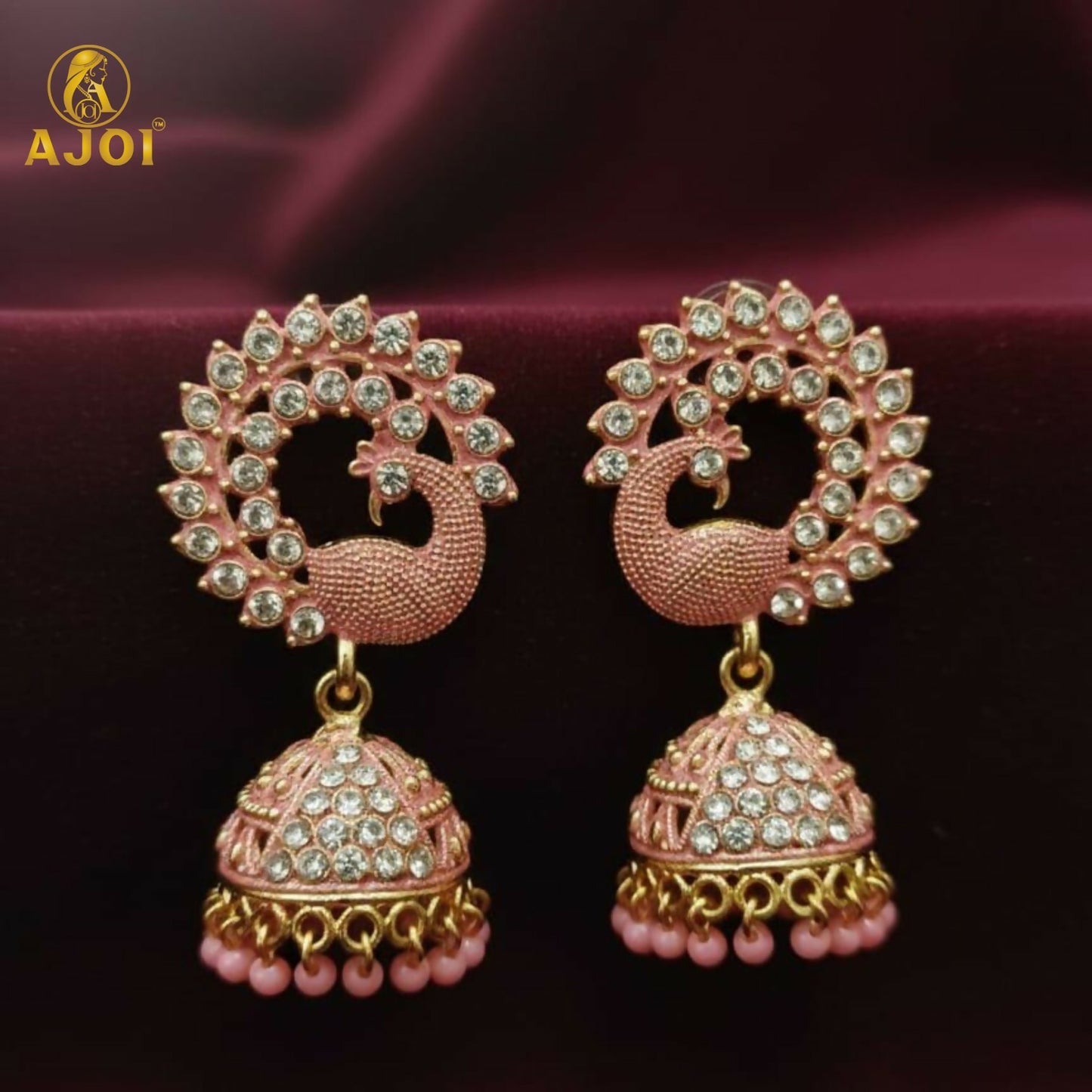 Peach Sparkle Peacock Stone Jhumka Earrings
