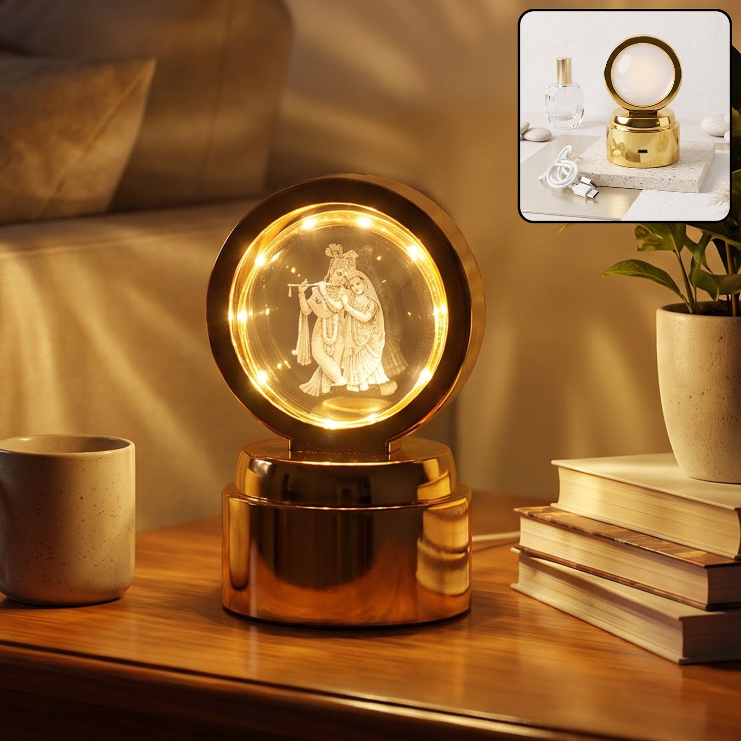 Radhe Krishna 3D Crystal Ball LED Table Showpiece for Home Decoration (1 Pc)