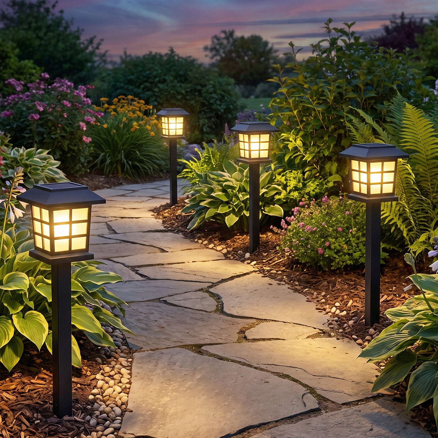 Four black solar lanterns cast a warm glow along a stone path in a vibrant, green garden at twilight.