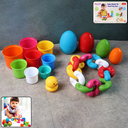 Colorful Link Stack N Nest Toy Set featuring stacking cups and nesting eggs for toddlers