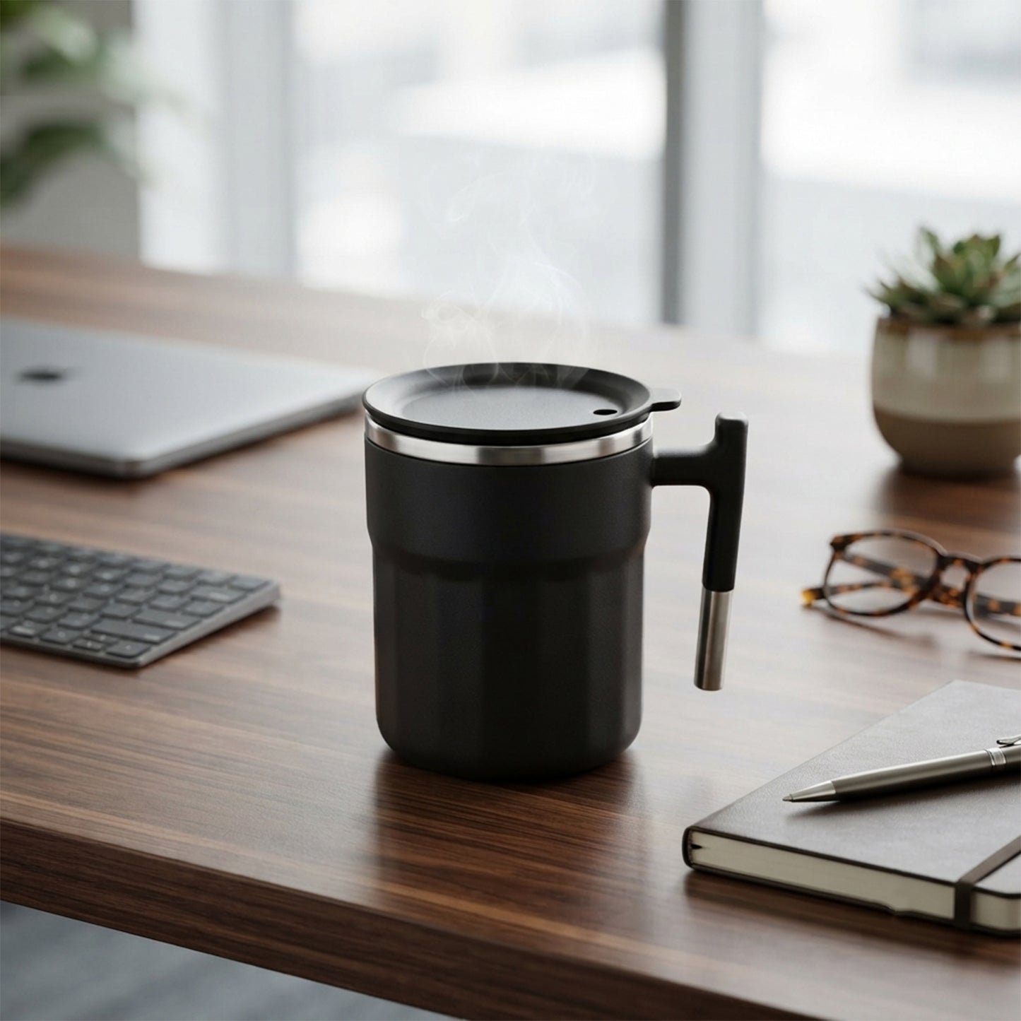Apex Compact Coffee Mug 300 ML with Handle and Lid Matte Black (1 Pc)