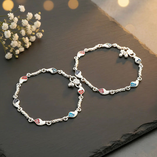 Intricate leaf/floral patterns featuring vibrant red, navy blue, and black enamel anklet ( payal )
