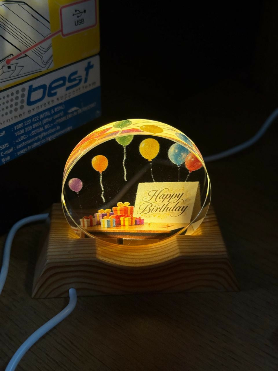 Happy Birthday Acrylic LED Night Lamp with Wooden Base Decorative Gift