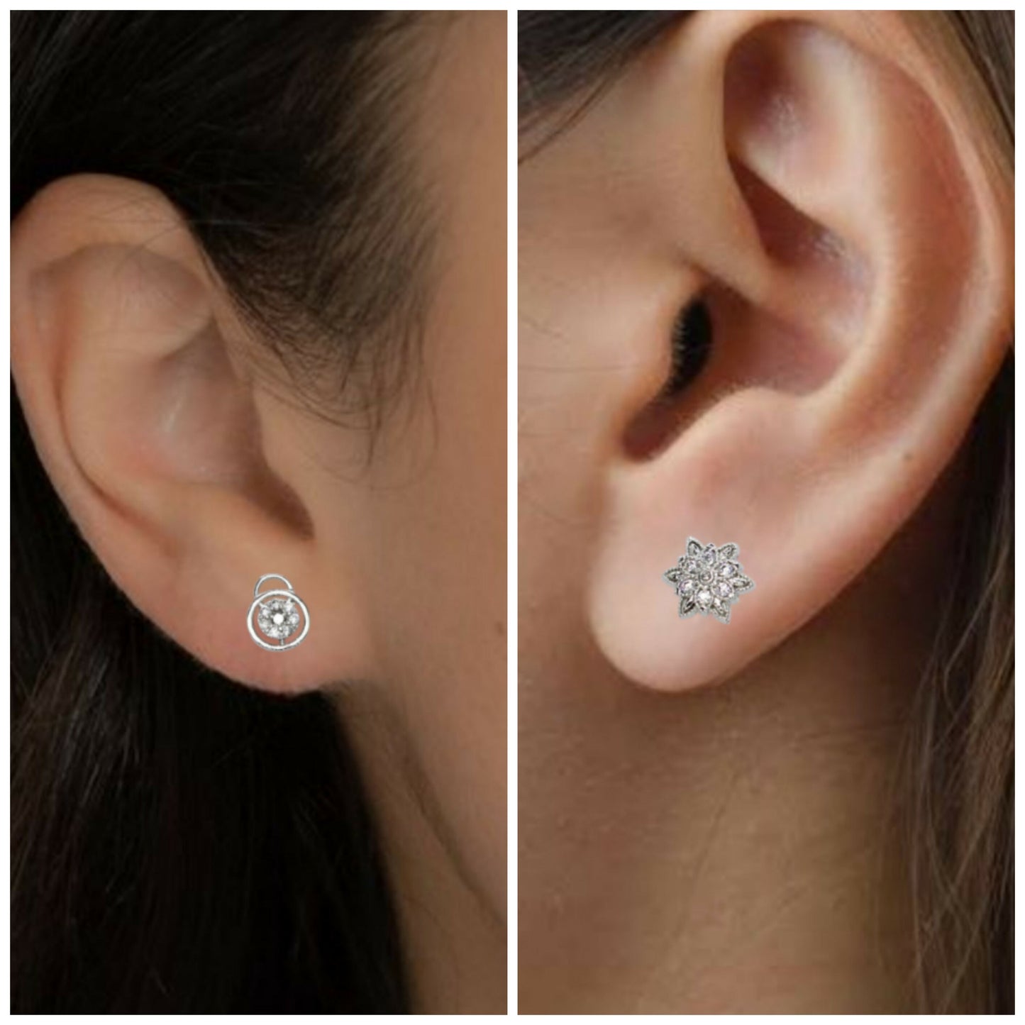 Close-up of silver-plated cubic zirconia halo stud earrings showing sparkle