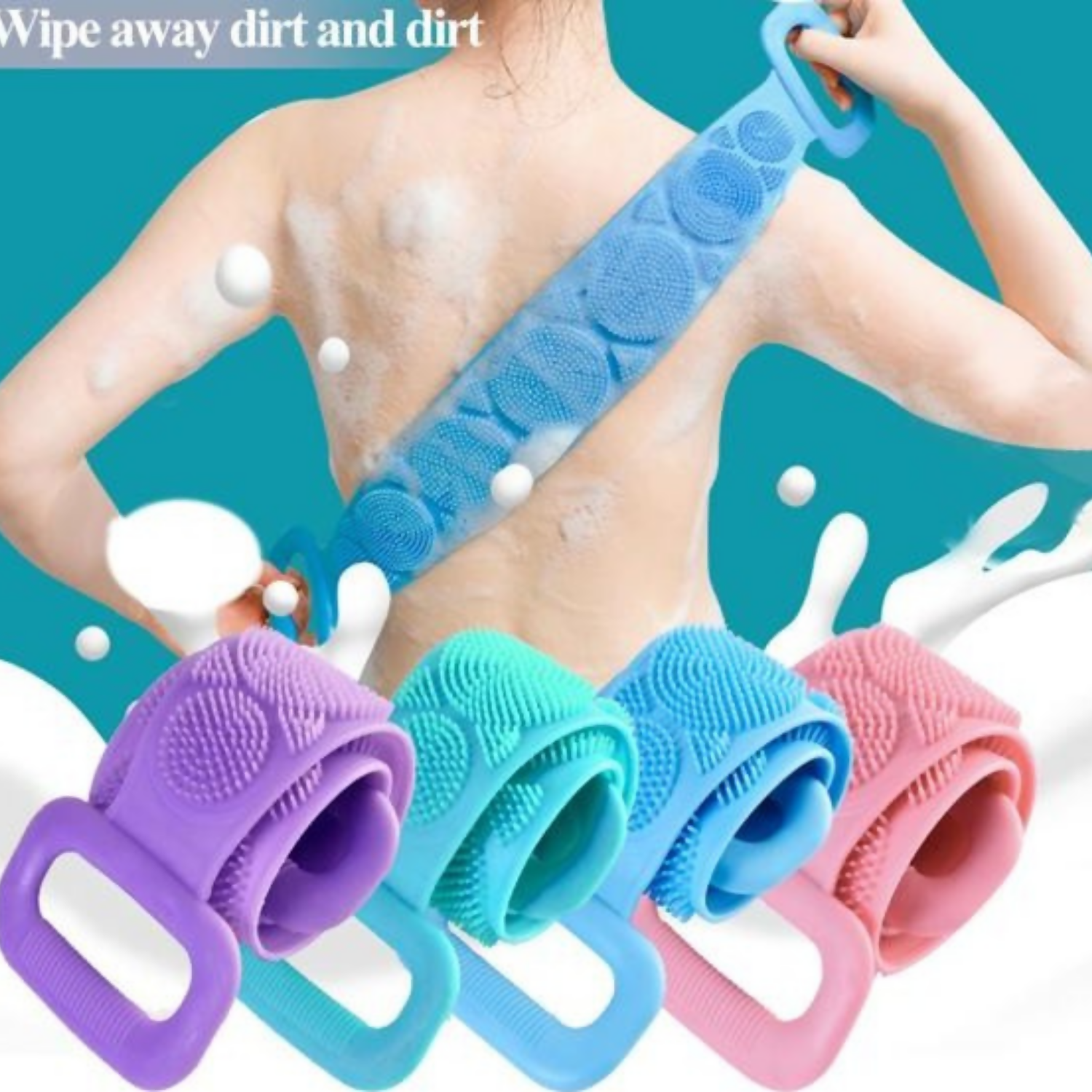 Set of 4 Silicone Bath Body Scrub Belt | Double-Sided Exfoliating Back Scrubber with Handle | Soft Food-Grade Silicone Massage Brush for Deep Cleaning, Dead Skin Removal & Relaxing Bath Experience