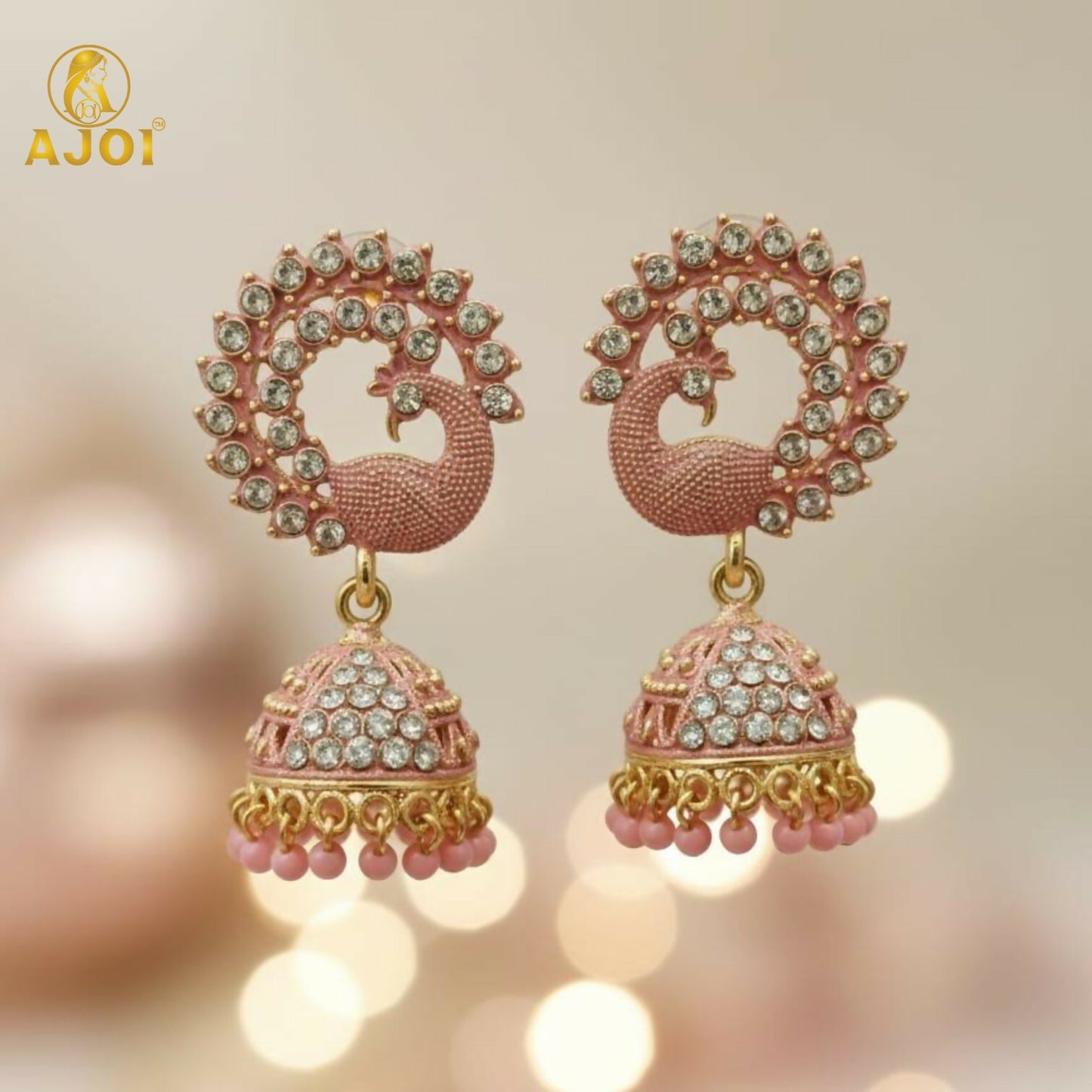 Peach Sparkle Peacock Stone Jhumka Earrings