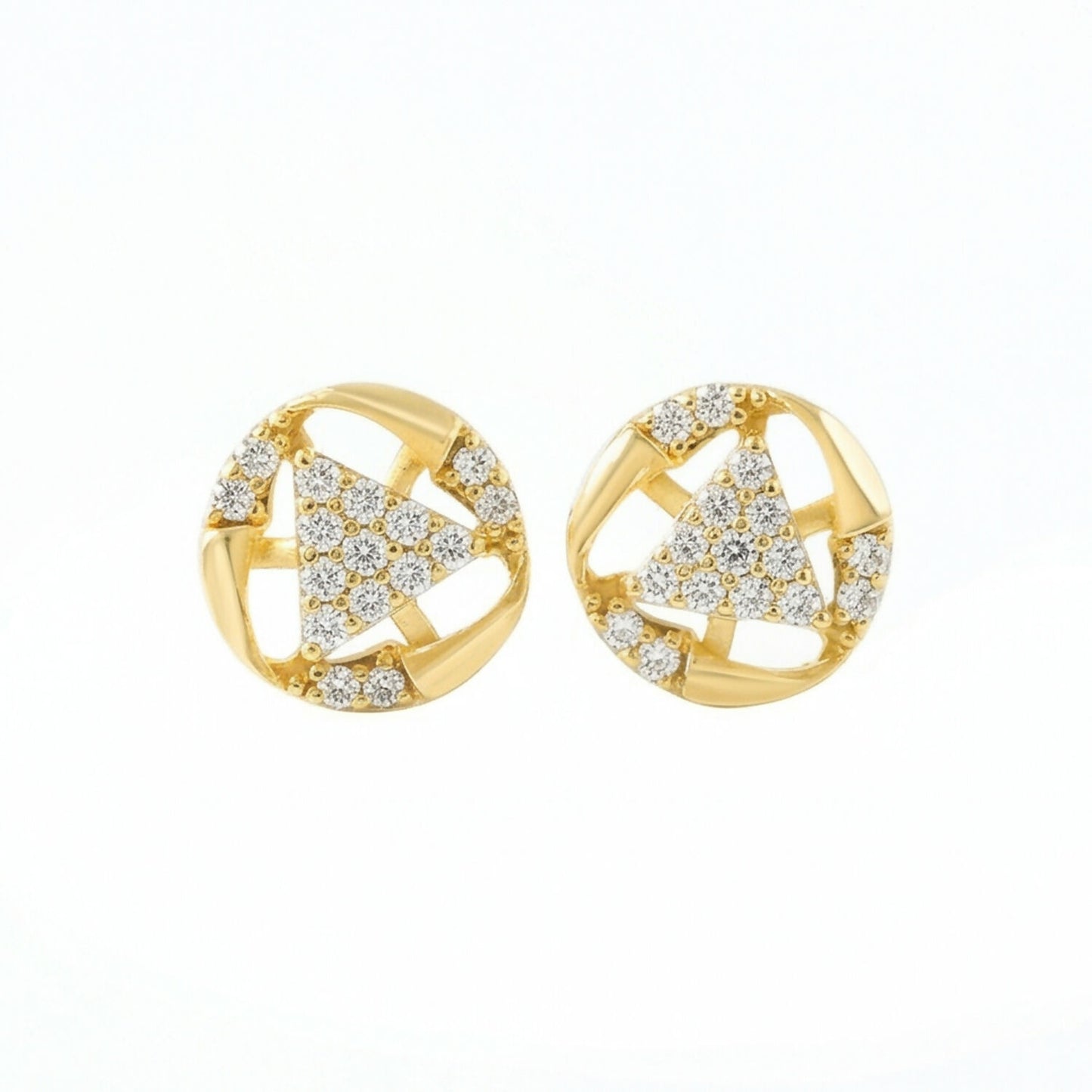 Gold stud earrings with intricate floral-inspired design and stones