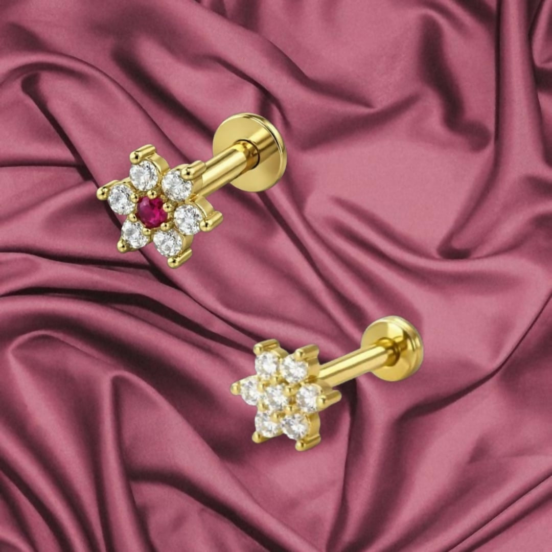 Gold plated Flower Nosepin Stud with white crystals flat back design