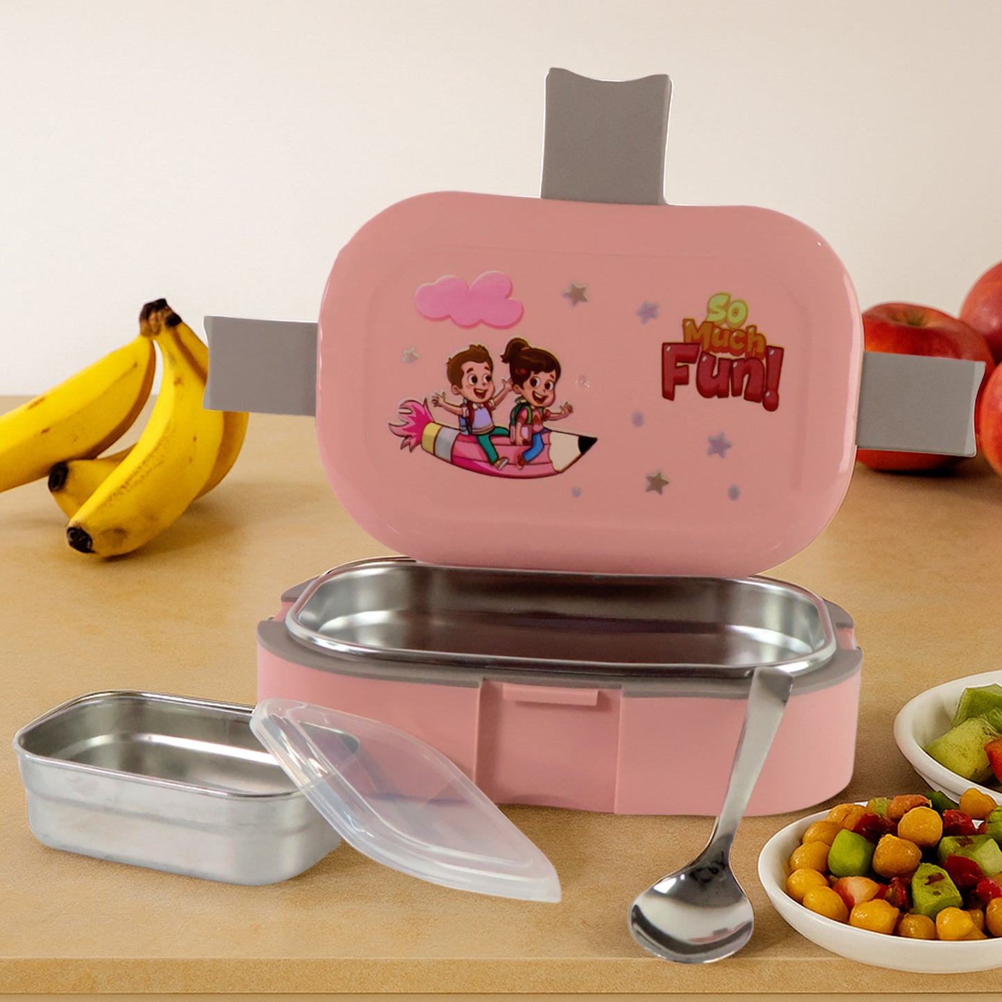 Kids Cartoon Lunch Box Set with Stainless-Steel Inner Tray (1 Set)