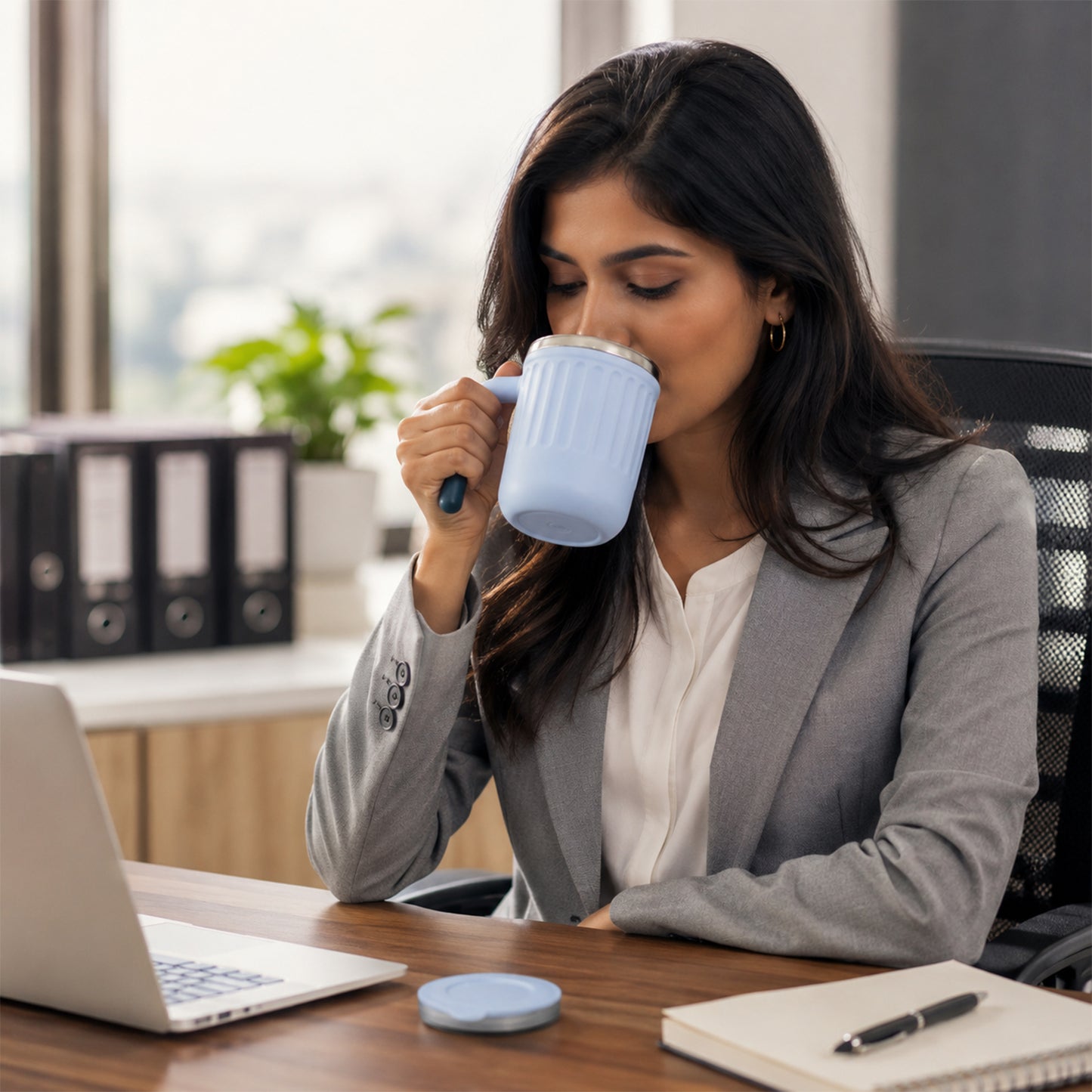 Apex Office Mug 400 ML with Handle and Lid Steel Rim Coffee Mug (1 Pc)