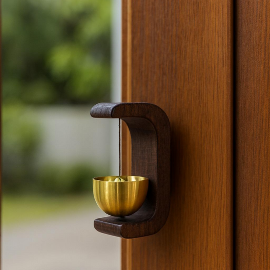 Handcrafted Wooden Door Bell with Premium Brass Bell | Vintage Hanging Door Chime for Home Entrance, Café, Shop & Temple Décor | Clear Soothing Tone | Rustic Wooden Frame Doorbell for Main Door, Living Room & Office
