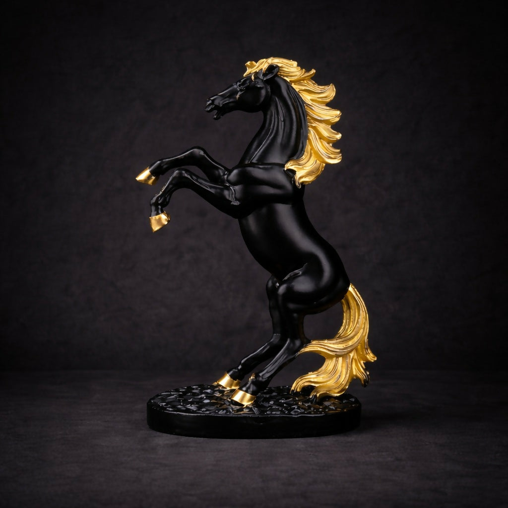Close-up of black gold horse showpiece details