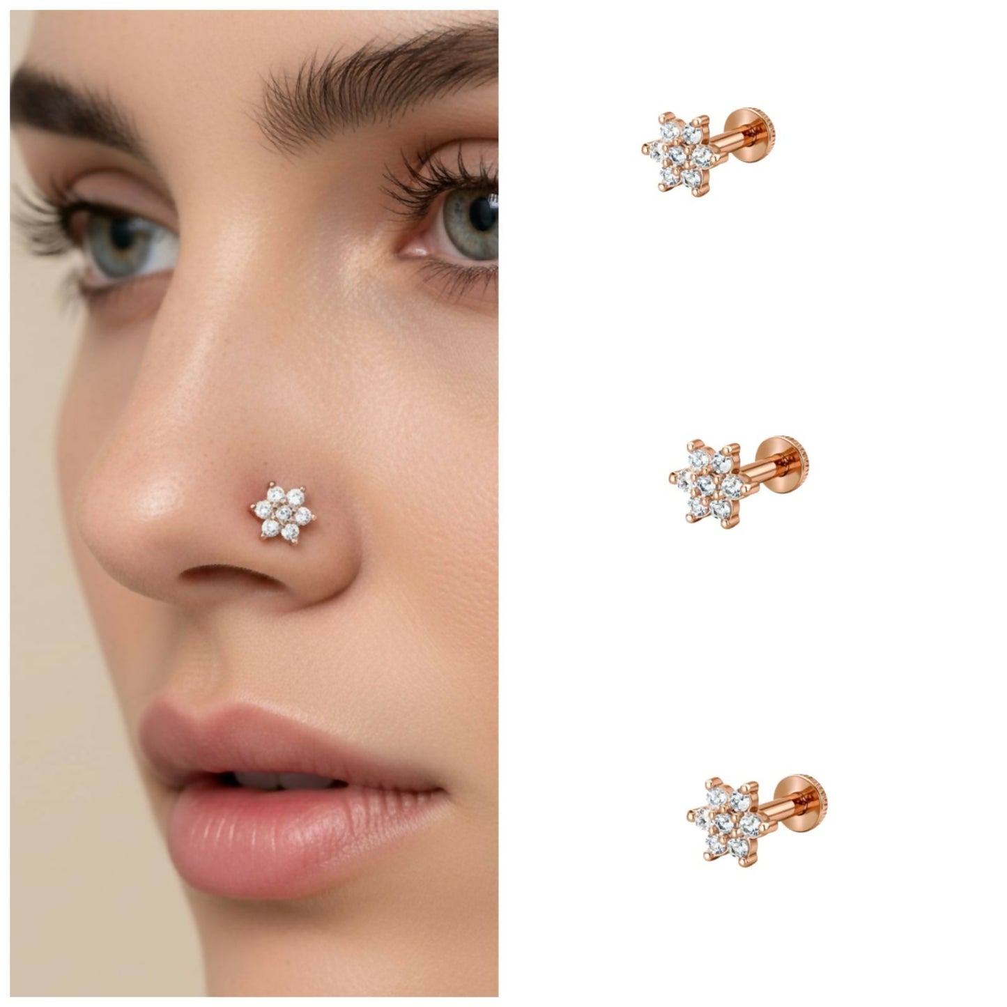 Rose gold plated crystal flower labret piercing nose stud combo