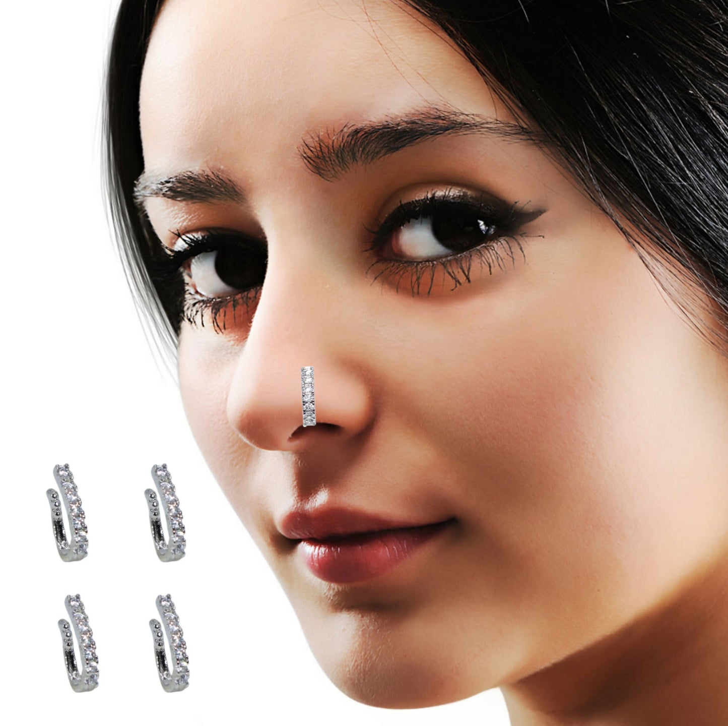 Non-piercing nose ring set with multi-style Cubic Zirconia studs and hoops