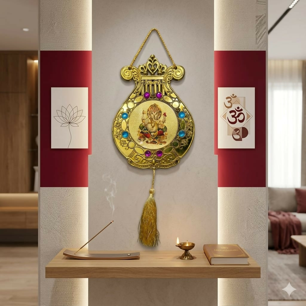 Golden Lord Ganesha Decorative Wall Hanging for Home Temple 1 Pc