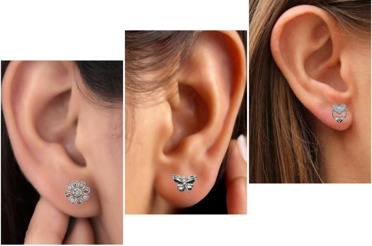 Close-up of gold-plated butterfly stud earrings with sparkling cubic zirconia stones
