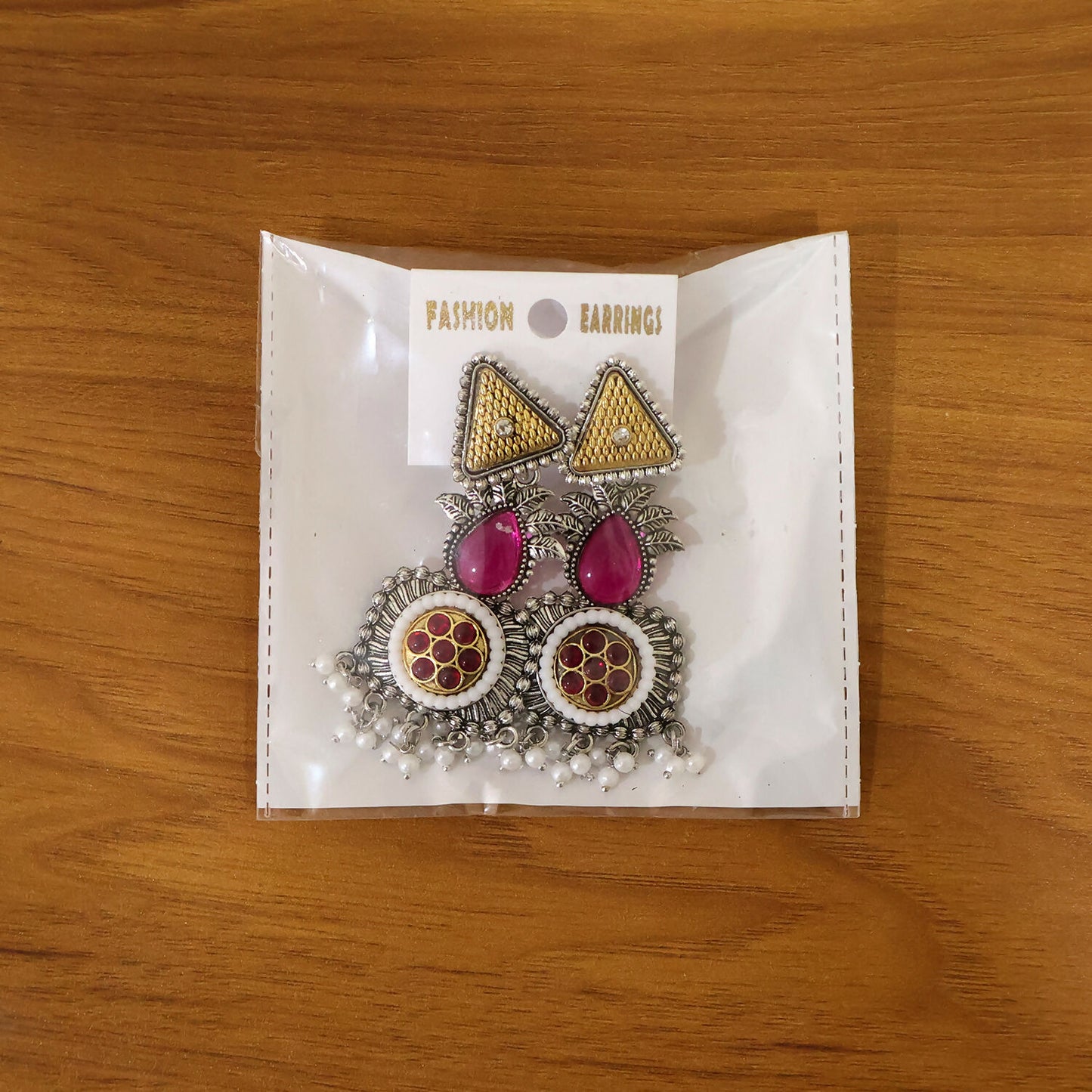 Traditional Oxidized Silver Earrings with Gold Tone Studs & Pearl Drop Fringe