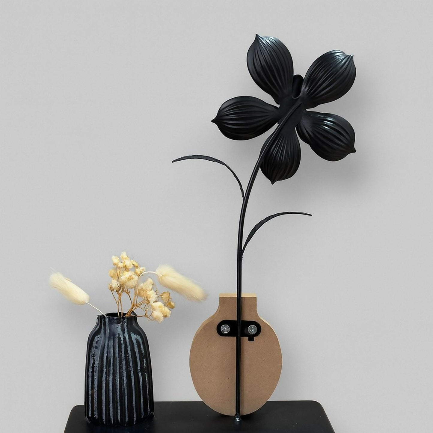 Elegant Metal Flower Showpiece with Wooden Base – Black & Gold Decorative Artificial Flower Vase for Home, Office, Living Room, Bedroom & Gifting Purpose