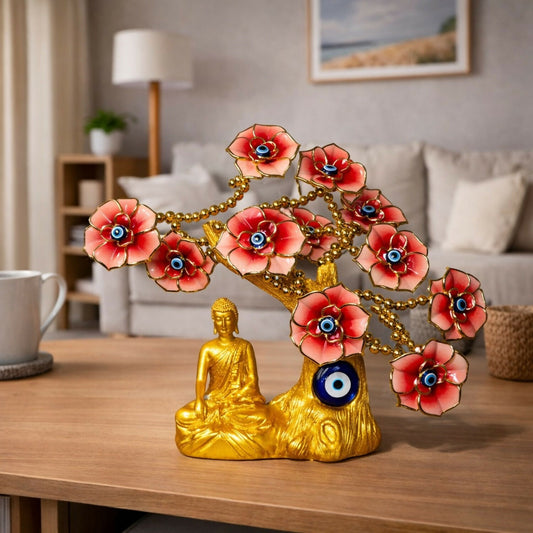 Red Buddha Tree Showpiece with Evil Eye & Floral Design for Home Decor