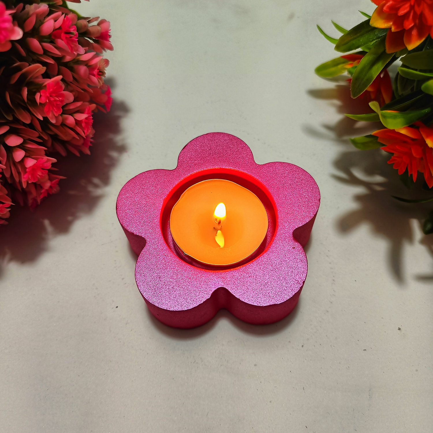 Handmade Flower Diya – Metallic Pink| Layered Tealight Holder for Diwali, Pooja & Home Décor | Unique Festival Gift Item