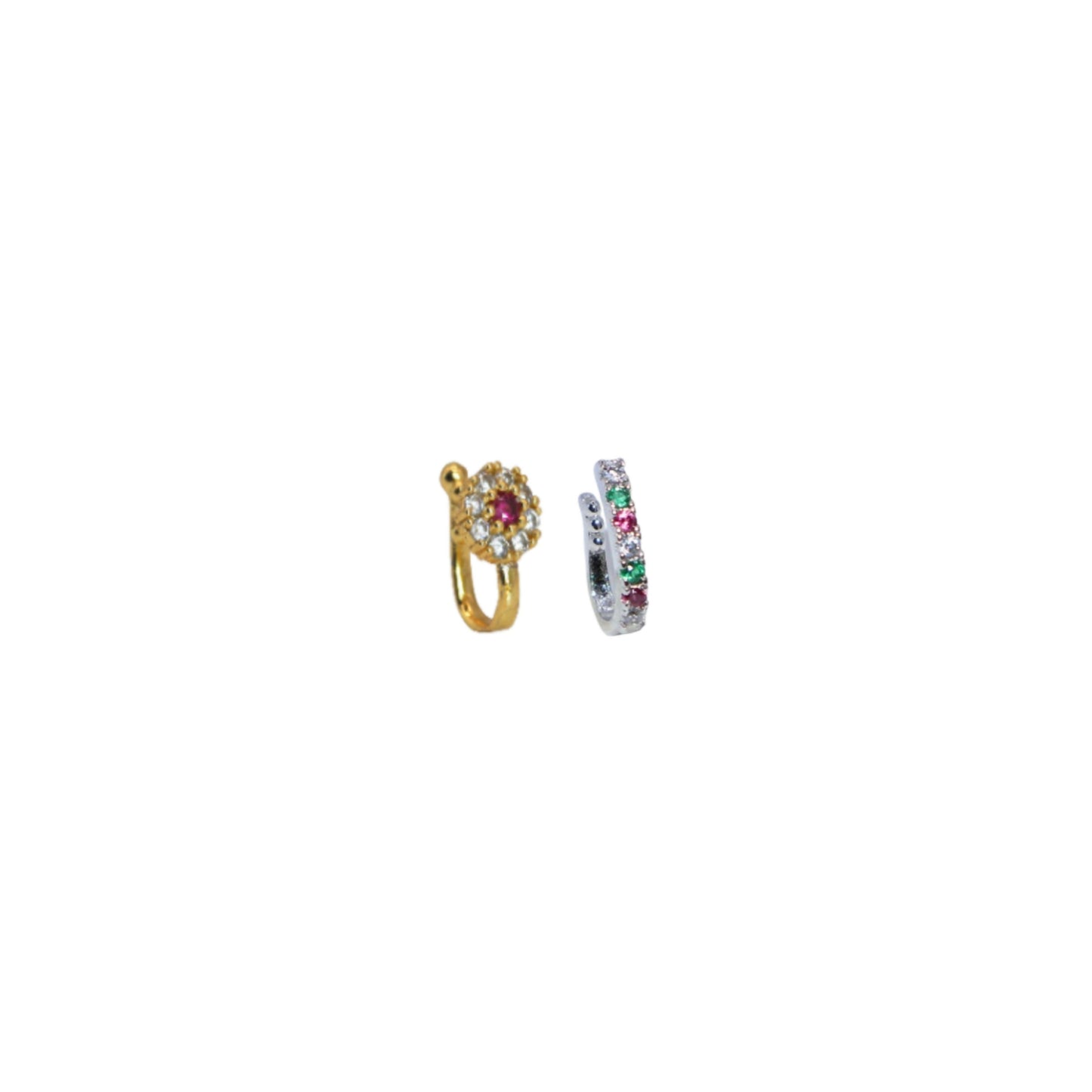 No-Piercing Nose Cuff Set | Floral & Gem Band Faux Ring Combo Pack of 2