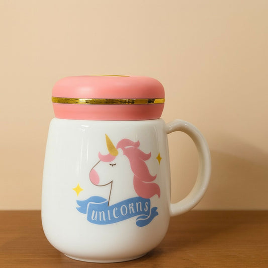 Unicorn Ceramic Mug with Pink Heart Lid | Cute Milk Coffee Mug for Girls (Design and colour may vary)