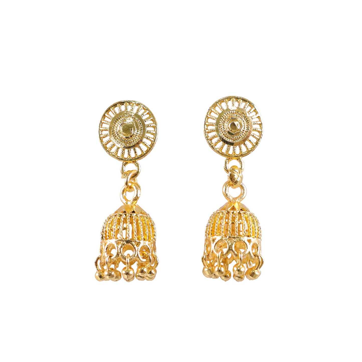 Gold plated jhumka earrings hanging against neutral background
