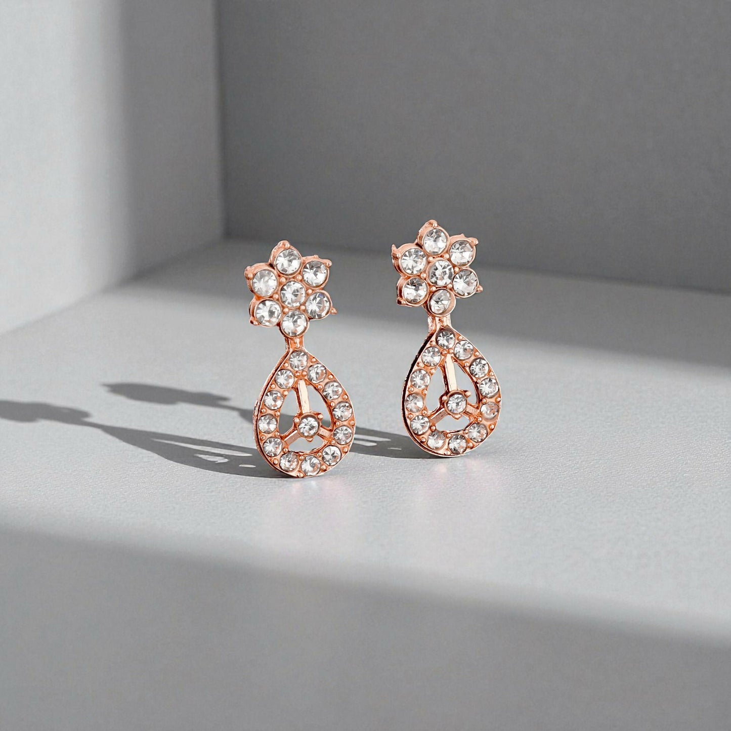 Elegant Crystal & Enamel Floral Link Necklace Set with Pearl Drop (Multiple Colors)