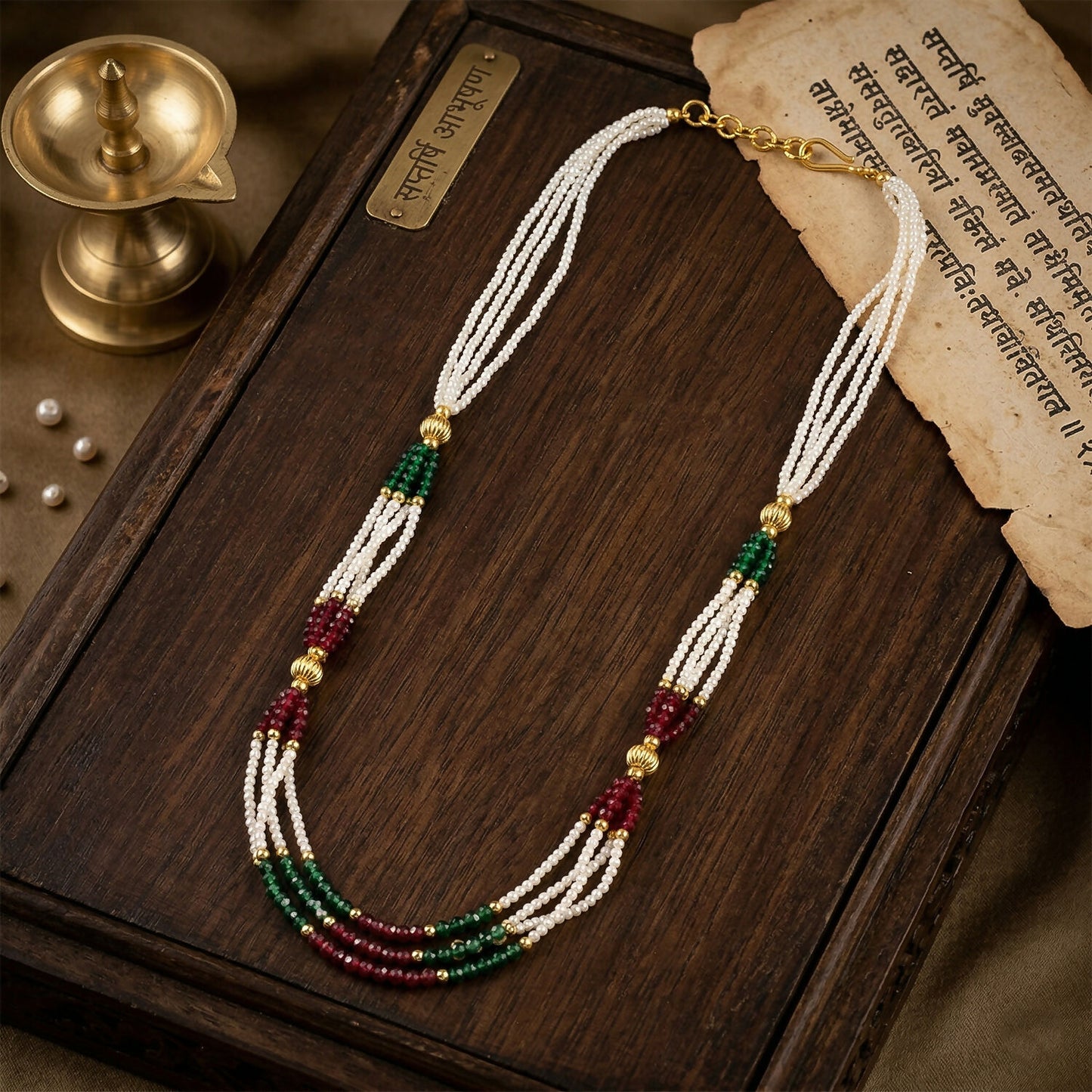 Ethnic style multi-strand pearl mala necklace with red-green beads
