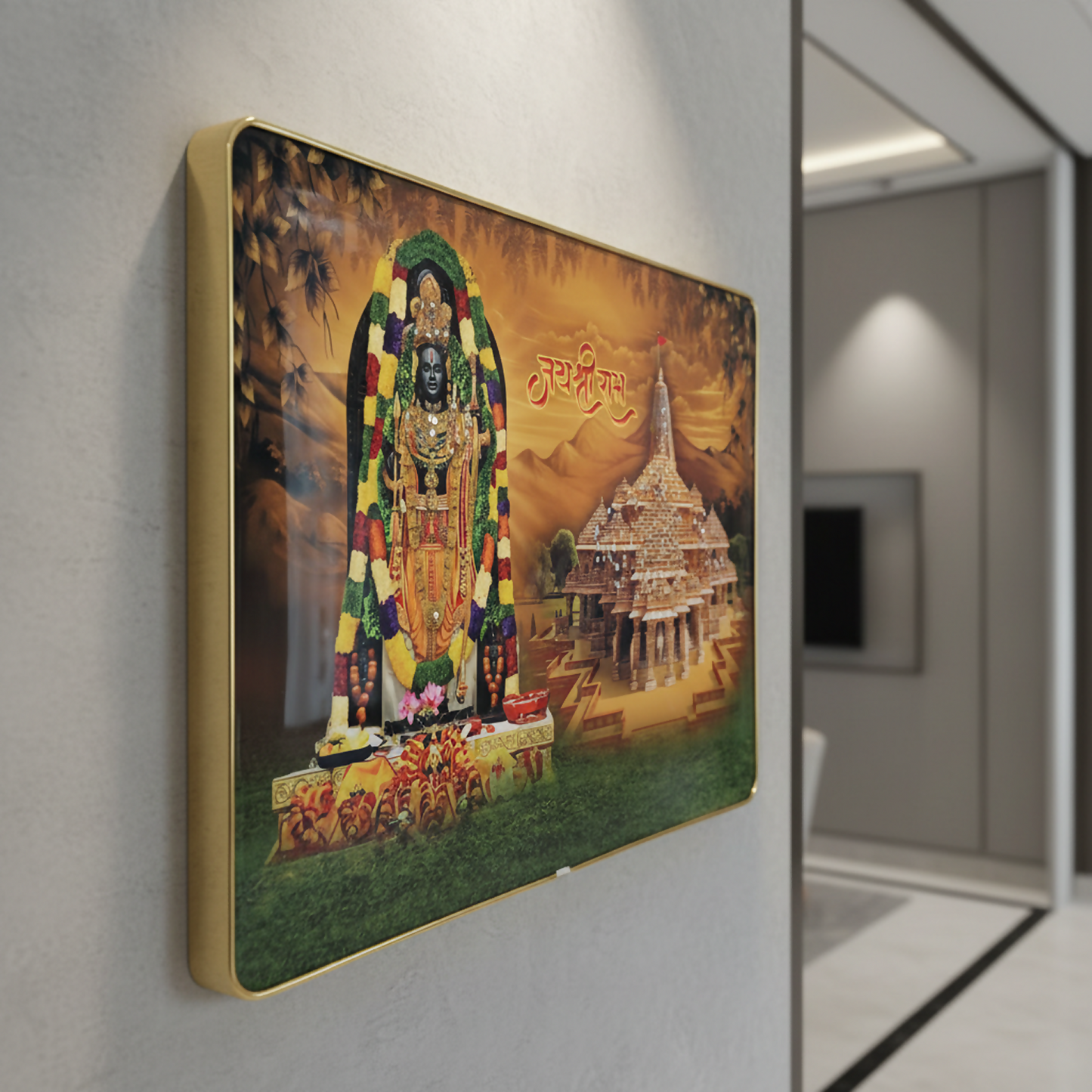 Beautiful temple artwork featuring Lord Shree Ram in a modern frame