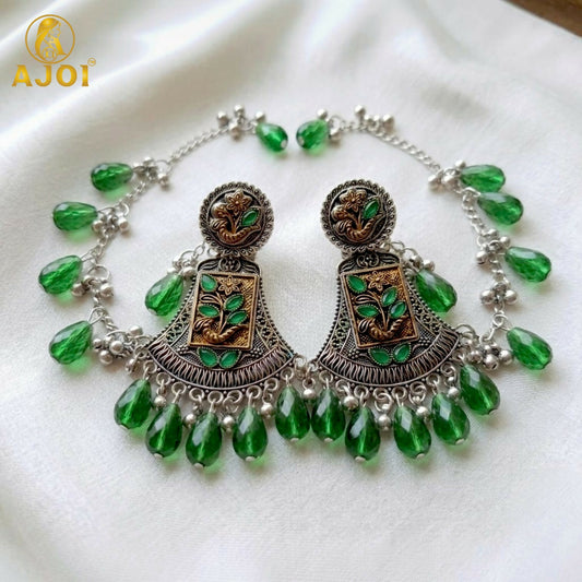 Ethnic gold & silver floral chandbali earring with green crystal drops