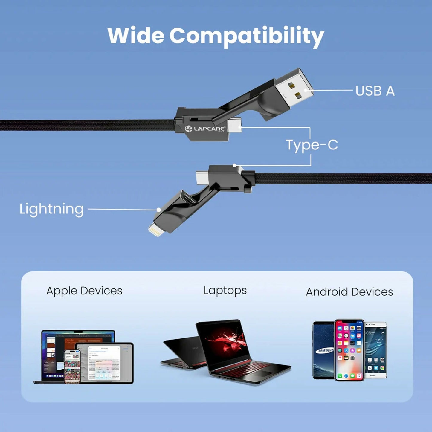 Lapcare Hook 4 in 1 Braided Charging Cable with USB A, Type C & Lightning