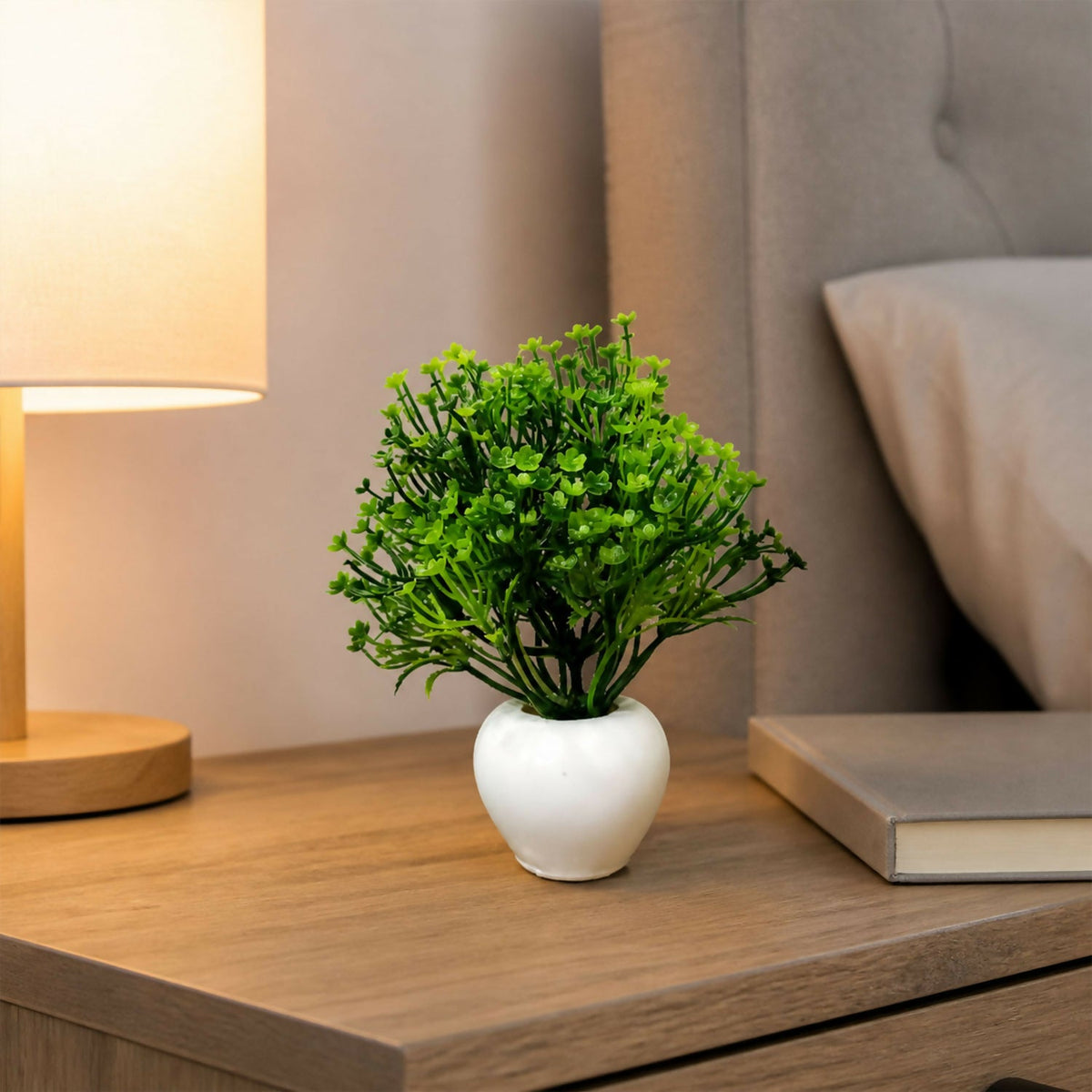 Artificial Green Baby Flower Plant with White Round Pot for Home Office Table Decor