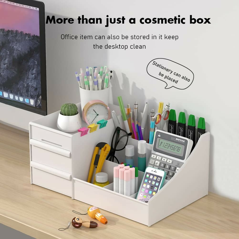 Compact makeup drawer organizer made of durable plastic showing drawers open