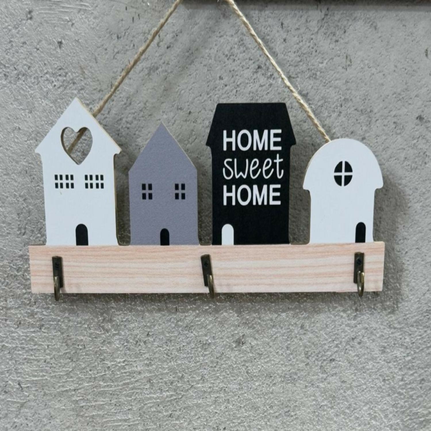 Wooden Wall Mounted Key Holder | Decorative “Home Sweet Home” House-Shaped Key Hanger | 4 Hooks Key Organizer for Wall | Rustic Wooden Wall Décor for Entryway, Living Room, Office & Gifting