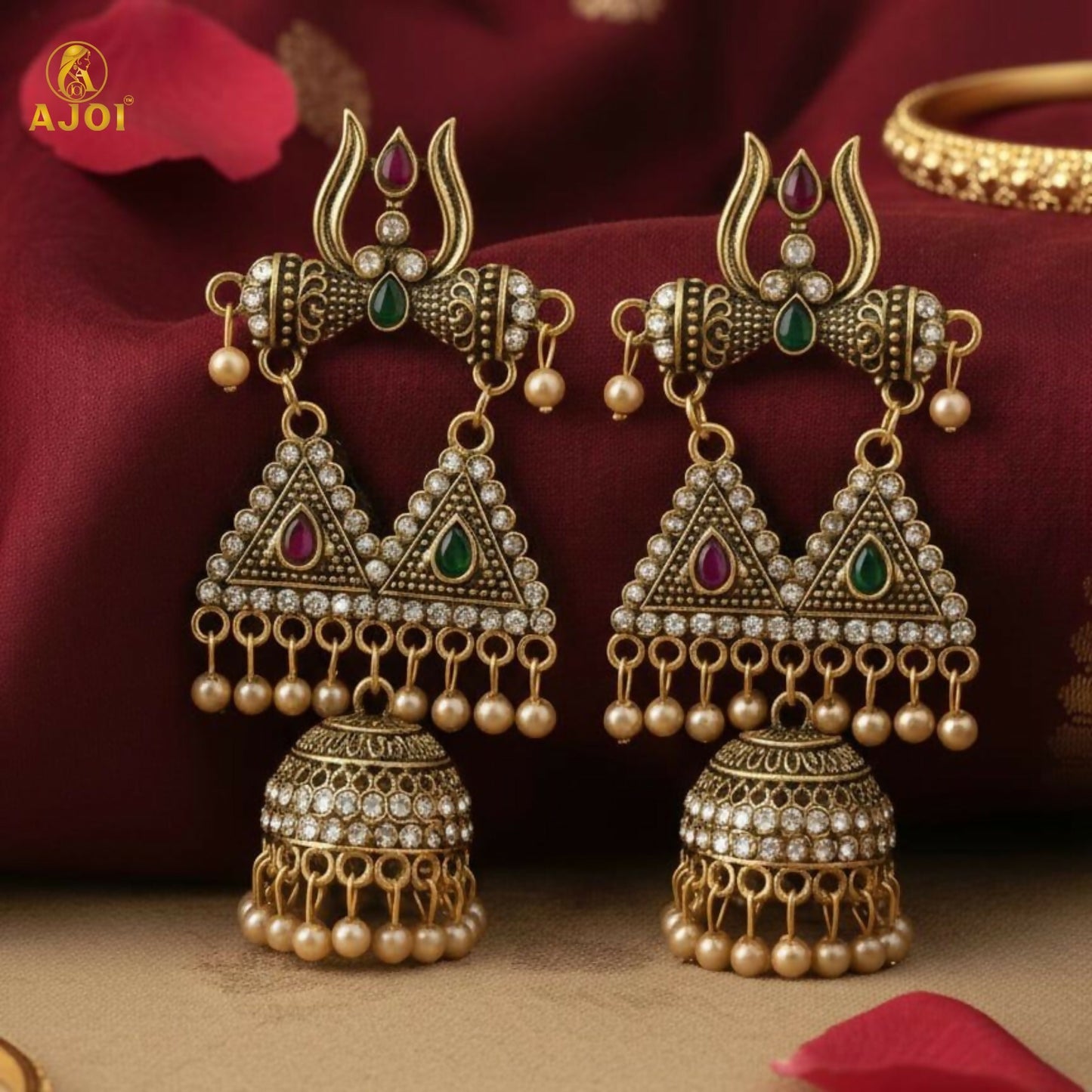 Traditional Shiv Trishul Design Antique Gold Jhumka Earrings with Stone Work