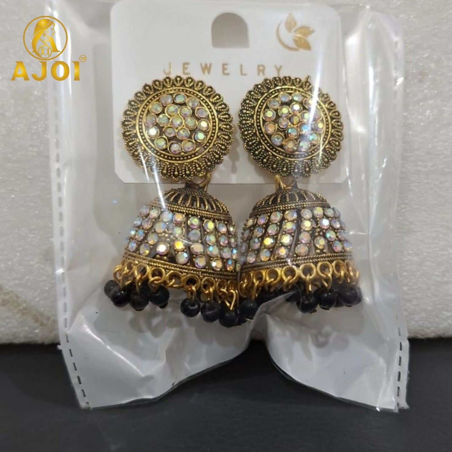 Antique Gold Pearl Jhumka Earrings with Black Bead Drop for Ethnic Wear