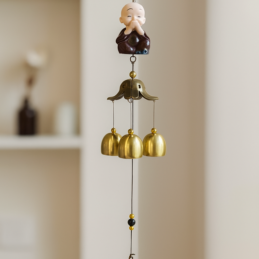 Peace Monk Brass Bell Wind Chime for Home Decor | Feng Shui Positive Energy Hanging Ornament | Decorative Monk Figurine with Brass Bells for Balcony, Living Room, Door & Garden | Spiritual Gift for Good Vibes