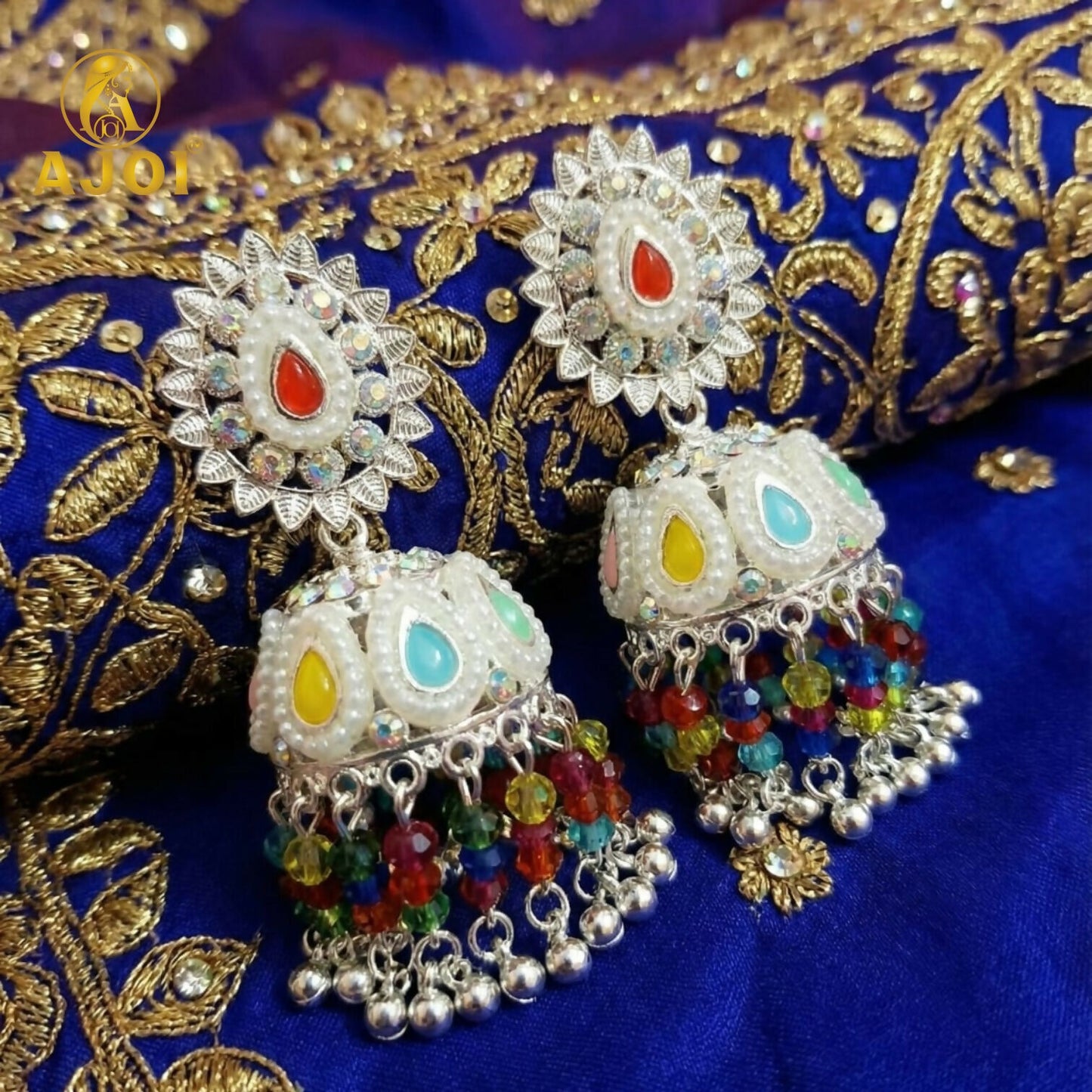 Heirloom-Inspired Silver Kundan Jhumka Earrings with Multicolor Bead Tassels & Pearl Accents