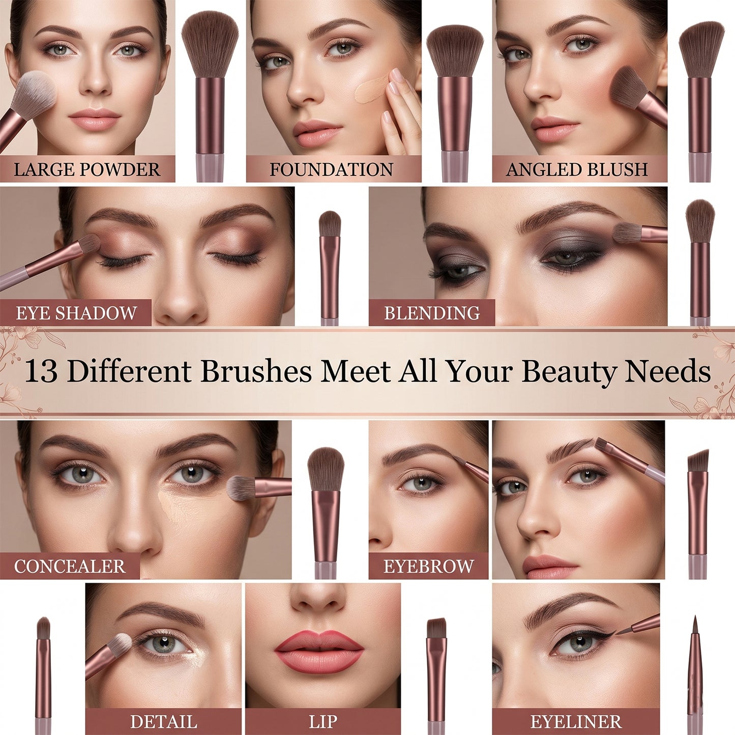 Professional Makeup Brush Set with Pouch Soft Synthetic Bristles (13 Pc Set)
