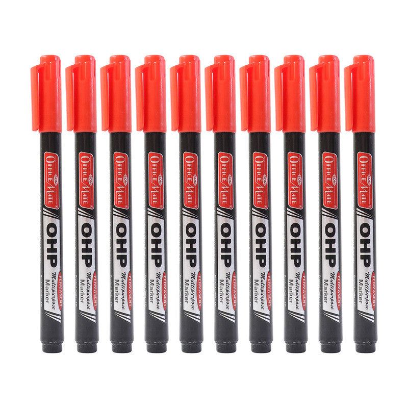 Officemate OHP/CD DVD Red Marker Pen – 10 Pc Permanent Writing Set
