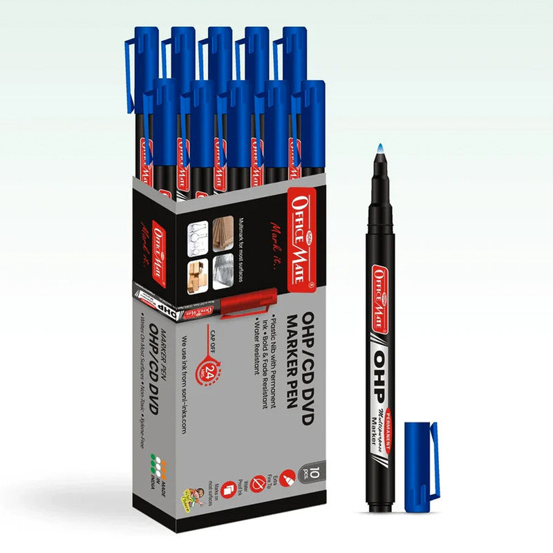 Soni Officamate OHP/CD DVD Blue Marker Pen – 10 Pc Permanent Multi-Surface Writing Set