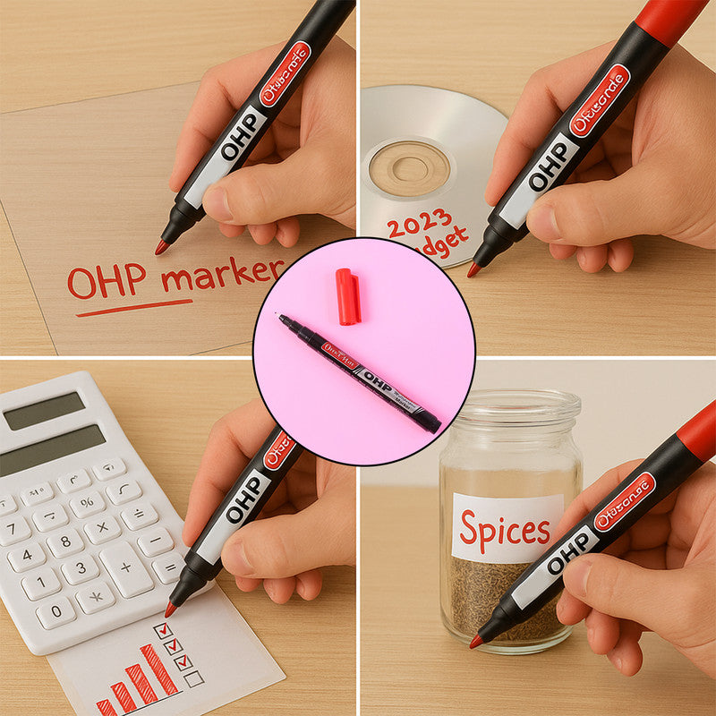 Officemate OHP/CD DVD Red Marker Pen – 10 Pc Permanent Writing Set