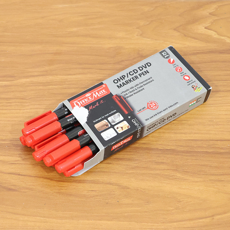 Officemate OHP/CD DVD Red Marker Pen – 10 Pc Permanent Writing Set