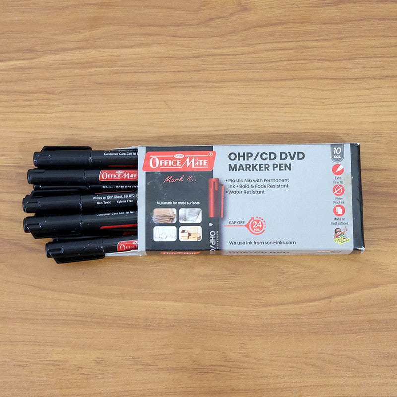 Officemate OHP/CD DVD Black Marker Pen – 10 Pc Permanent Writing Set