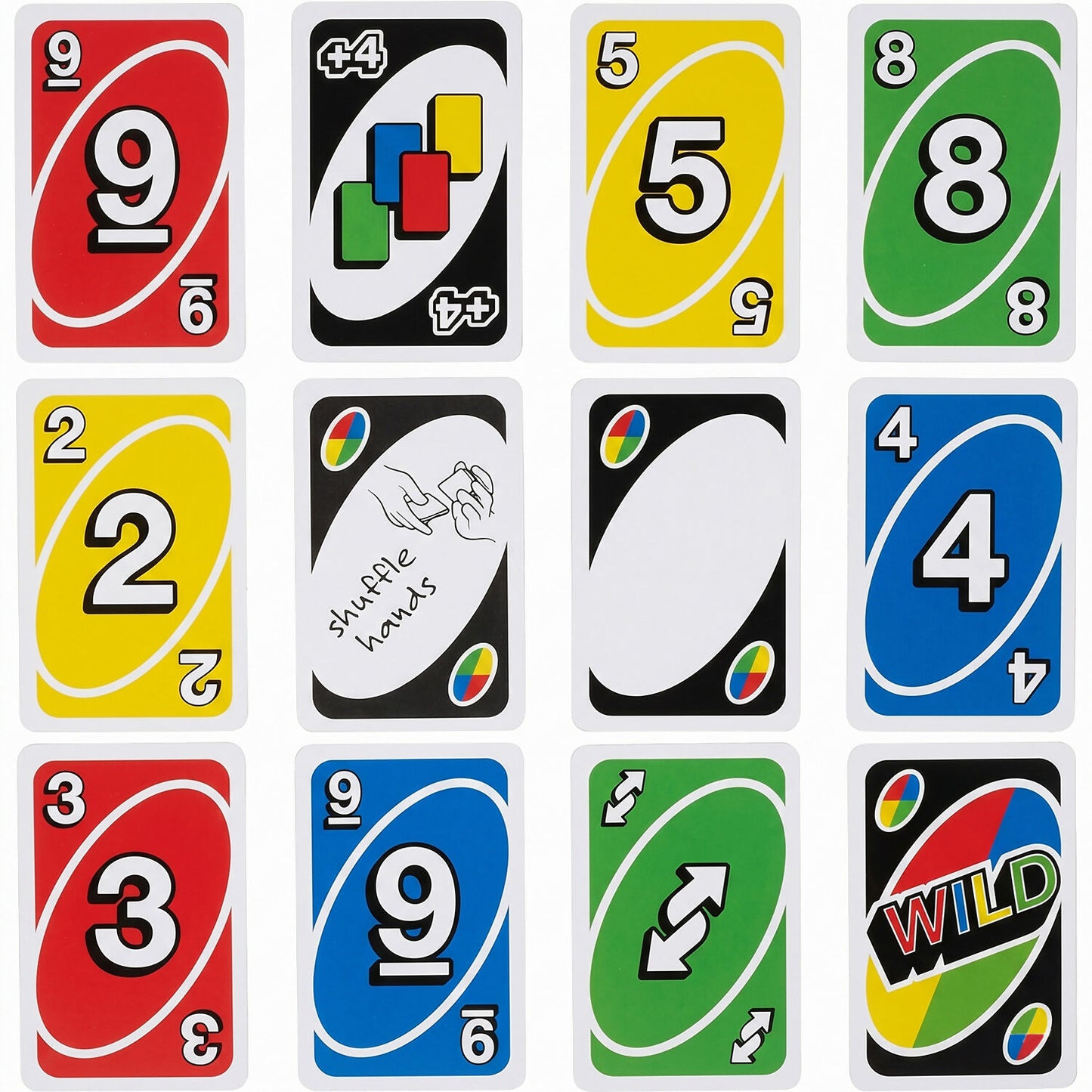 Close-up of UNO cards laid out on surface